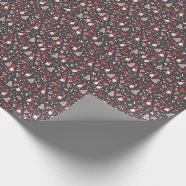 Papel De Regalo Moderno patrón de Gnome de vacaciones rojas y gris (Esquina)