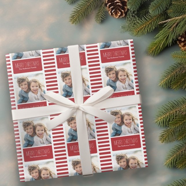Papel De Regalo Moderno Red Merry Christmas One Photo (Personalized wrapping paper with 1 photo)