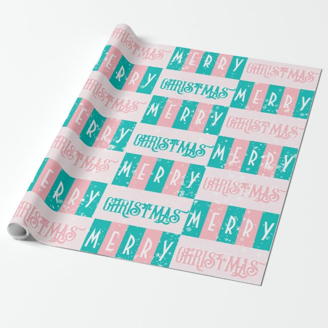 Papel De Regalo Moderno Retro MidCentury Feliz Navidad Azul rosa (Desenrollado)