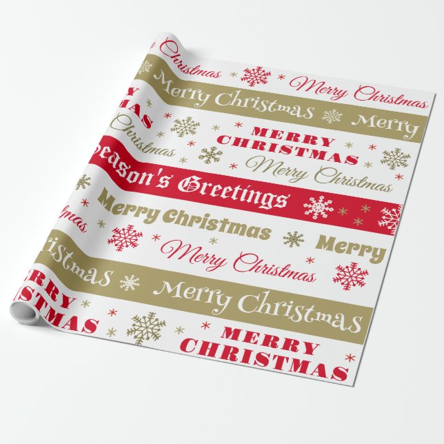Papel De Regalo Moderno Retro Red Gold Feliz Navidad (Desenrollado)