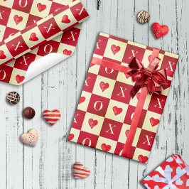 Papel De Regalo Moderno Retro Valentine Rojo Corazones XO Cheques