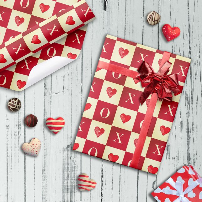 Papel De Regalo Moderno Retro Valentine Rojo Corazones XO Cheques (Subido por el creador)
