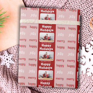 Papel De Regalo Moderno Rojo Rosa Foto Familiar Navidad Feliz