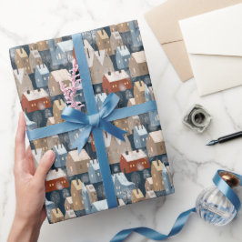 Papel De Regalo Moderno Scandi Winter Town Houses Patrón Rojo Azul