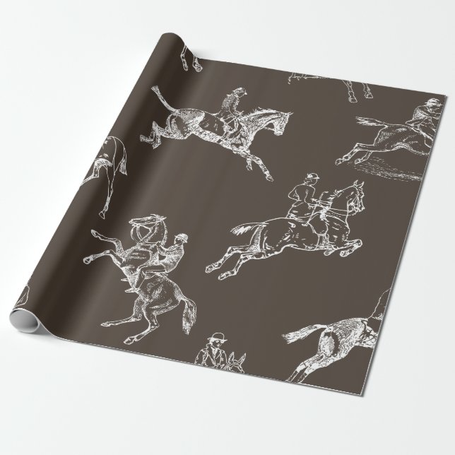Papel De Regalo Moderno Taupe Taupe White Horseback Riding Toile (Desenrollado)