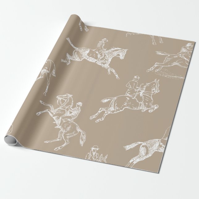 Papel De Regalo Moderno Taupe Taupe White Horseback Riding Toile (Desenrollado)