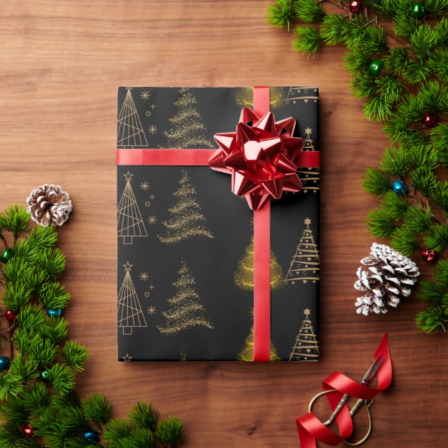 Papel De Regalo Moderno y elegante árbol de Navidad negro y oro (Regalo de vacaciones)