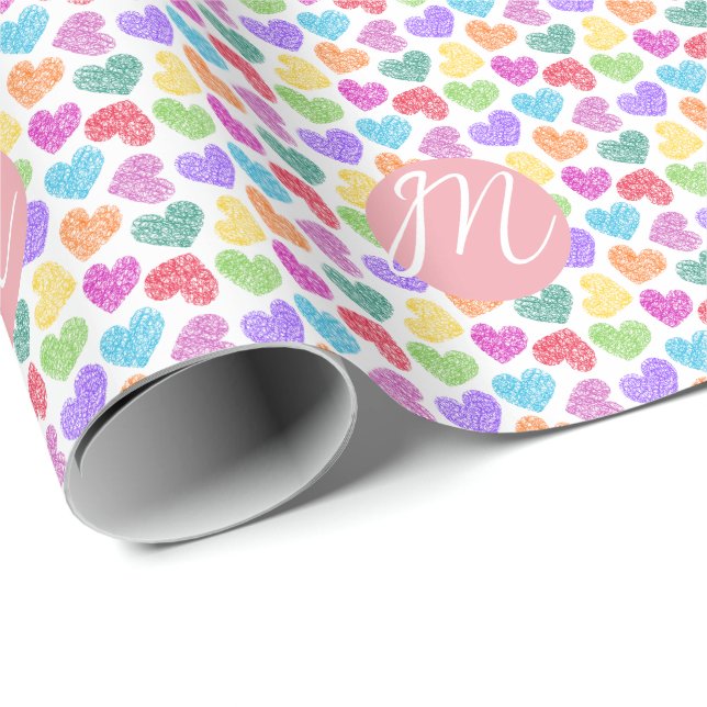 Papel De Regalo Moderno y vibrante corazón del doodle arcoiris mon (Esquina del rollo)