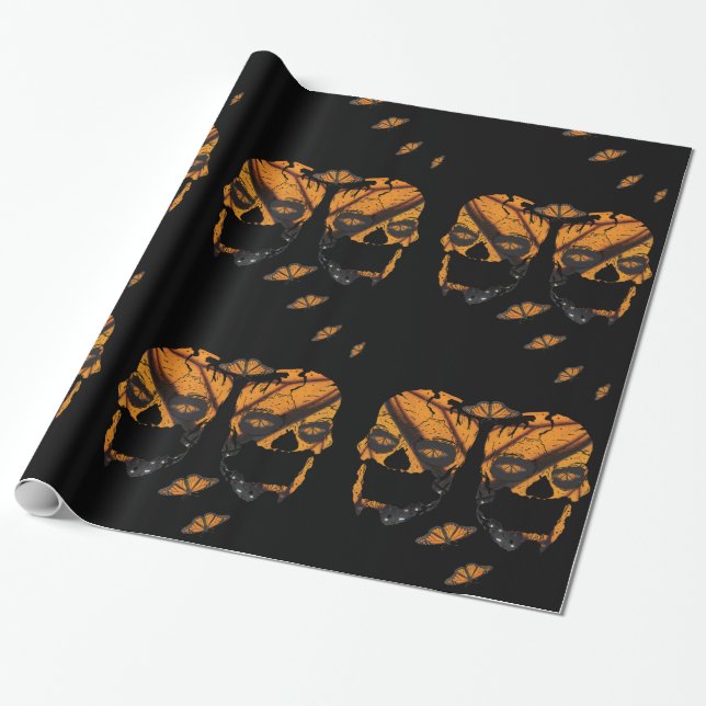 Papel De Regalo Monarch Butterfly Skulls Black Halloween (Desenrollado)