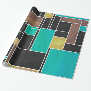 Papel De Regalo Mondrian Verde Acuático Negro Impresión