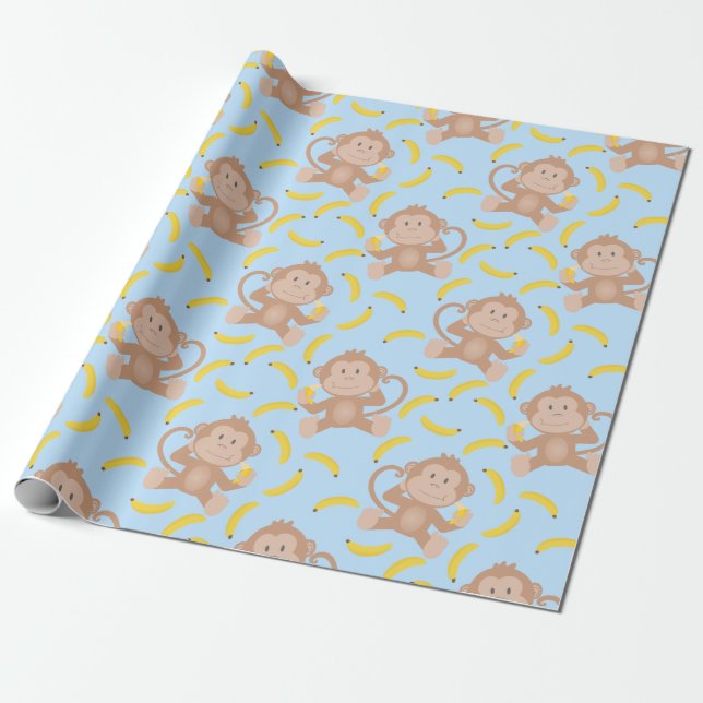 Papel De Regalo Monkey Munching Banana Blue (Desenrollado)