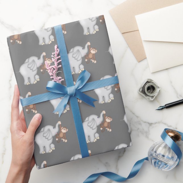 Papel De Regalo Mono y elefante en gris (Regalar)