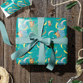Papel De Regalo Mono y plátanos en patrón de árbol Cumpleaños
