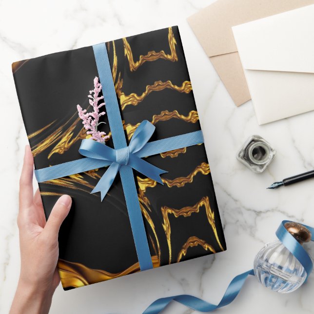 Papel De Regalo Monochrome Opulence: Liquid Gold Black Designer  (Regalar)