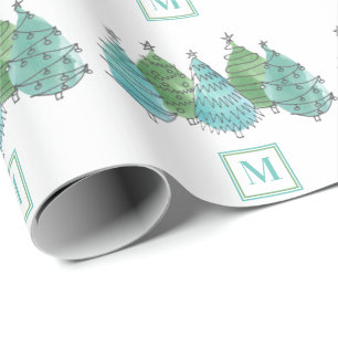 Papel De Regalo Monograma acuarela Árboles verdes de Navidad