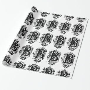 Papel De Regalo Monograma B Patrón floral blanco y negro inicial