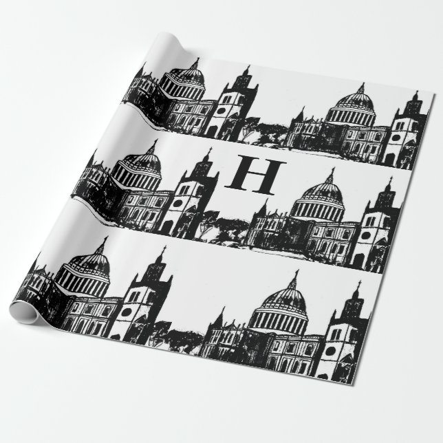 Papel De Regalo Monograma blanco negro elegante de la Inglaterra d (Desenrollado)
