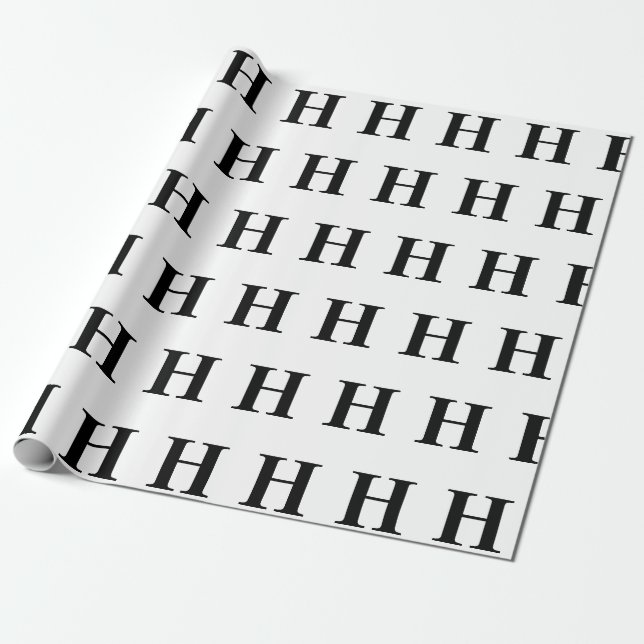 Papel De Regalo Monograma blanco negro simple elegante inicial (Desenrollado)