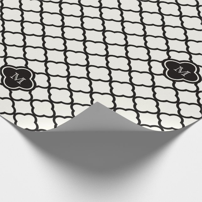 Papel De Regalo Monograma Boda de patrón de cuatrefoil blanco y ne (Esquina)