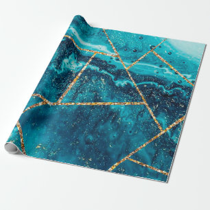 Papel De Regalo Monograma Chic Geoda de Ágata Dorada Azul Marítimo
