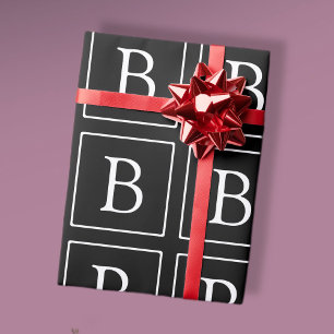 Papel De Regalo Monograma Clásico Simple Negro con Texto Blanco
