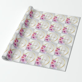Papel De Regalo Monograma Color de la floración rosa Marco dorado