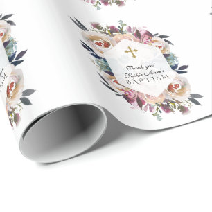 Papel De Regalo Monograma de bautismo geométrico floral azul turbi