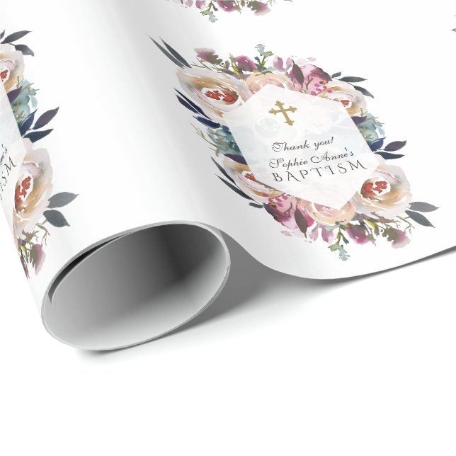 Papel De Regalo Monograma de bautismo geométrico floral azul turbi (Esquina del rollo)