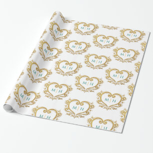 Papel De Regalo Monograma de corazón en oro verde oscuro sobre bla