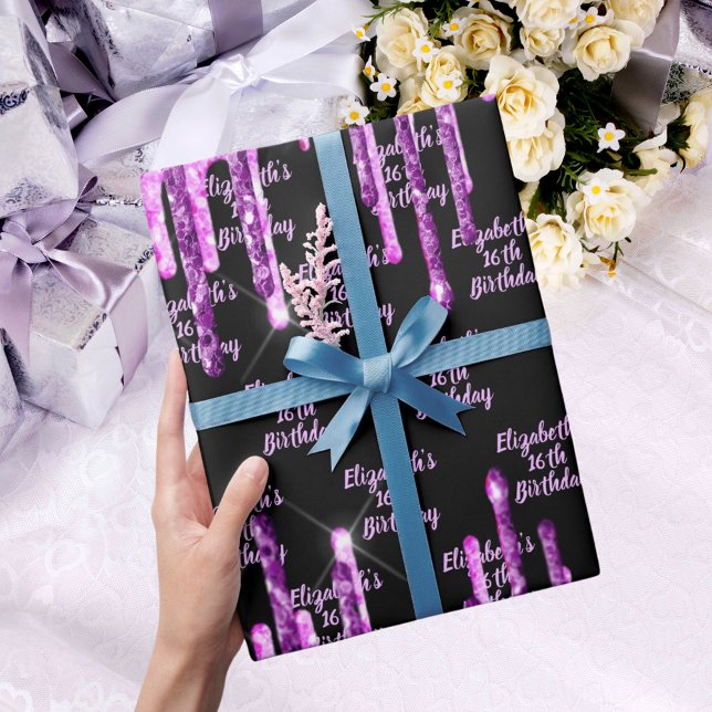 Papel De Regalo Monograma de goteo rosa de purpurina morado negro  (Subido por el creador)