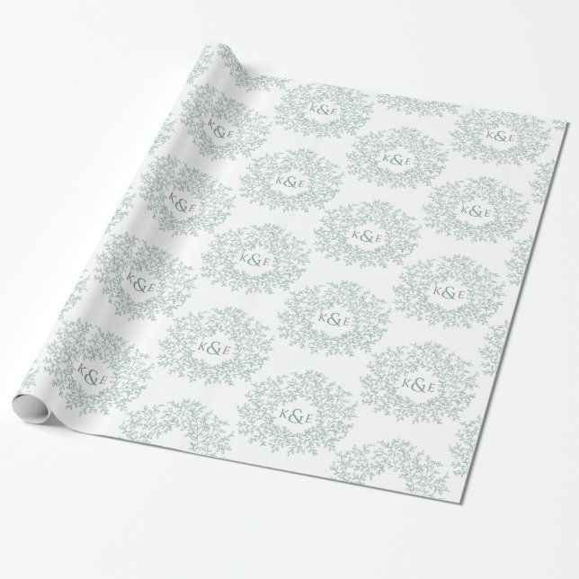 Papel De Regalo Monograma de hoja verde dibujo de blanco (Desenrollado)