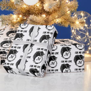 Papel De Regalo Monograma de la cabeza tribal del lobo negro Silho