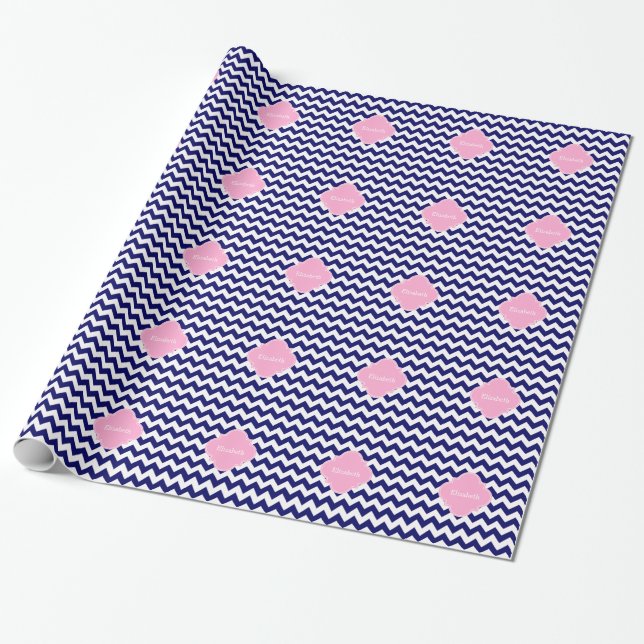 Papel De Regalo Monograma de la Marina Wht Chevron ZigZag Quatrefo (Desenrollado)