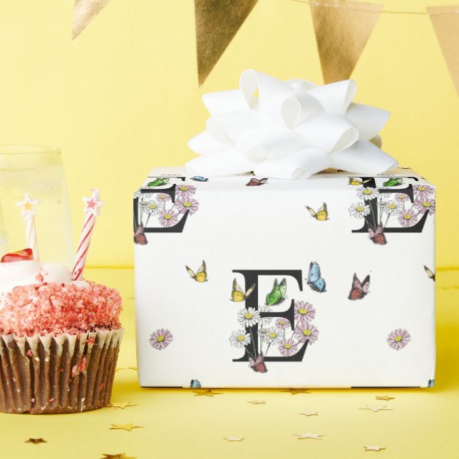 Papel De Regalo Monograma de mariposa acuarela floral letra E    (Fiesta de cumpleaños )