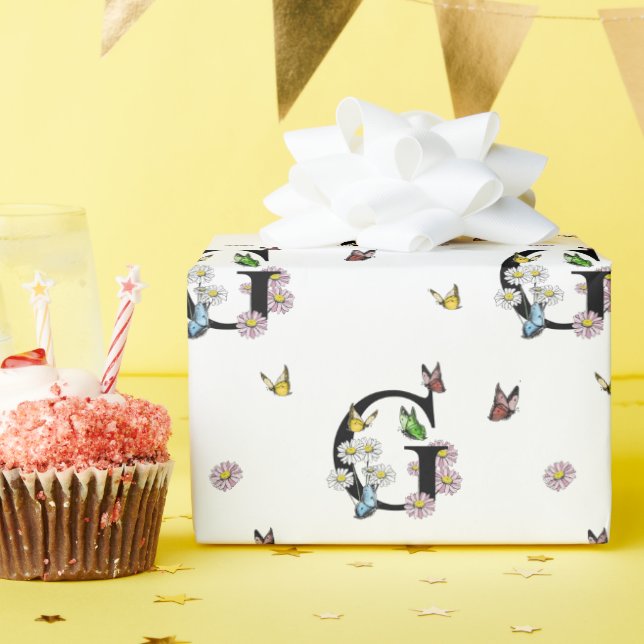 Papel De Regalo Monograma de mariposa acuarela floral letra G   (Fiesta de cumpleaños )