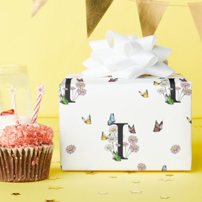 Papel De Regalo Monograma de mariposa con acuarela floral de letra (Fiesta de cumpleaños )