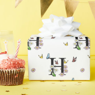Papel De Regalo Monograma de mariposa de acuarela floral con la le