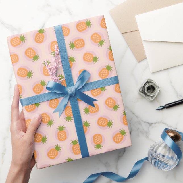 Papel De Regalo Monograma de patrones de piña de naranja rosa retr (Regalar)