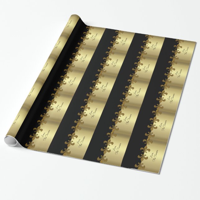 Papel De Regalo Monograma de personalizado negro y oro de Golden F (Desenrollado)