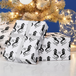 Papel De Regalo Monograma de silueta de caballito de mar negro