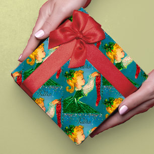 Papel De Regalo Monograma del purpurina de calcetines rojos de Nav