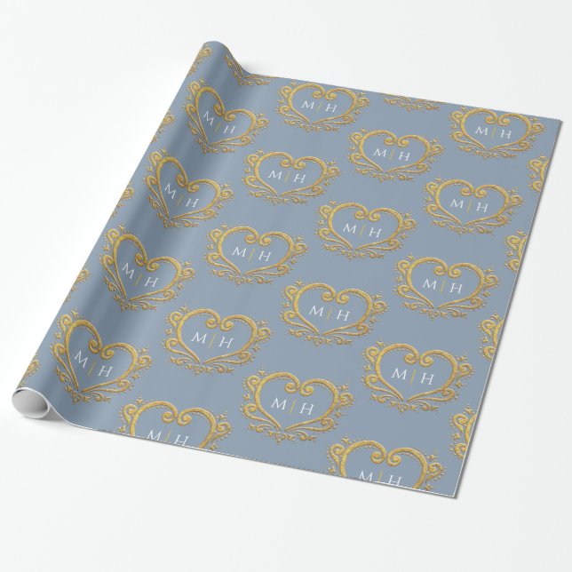 Papel De Regalo Monograma dorado en boda azul polvoriento (Desenrollado)