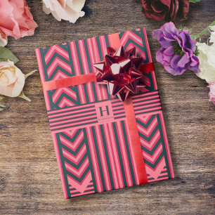 Papel De Regalo Monograma elegante editable con franjas rosadas de