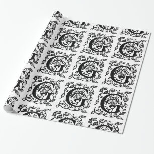 Papel De Regalo Monograma G Patrón floral blanco y negro inicial