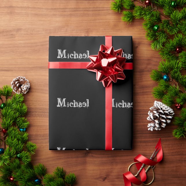 Papel De Regalo Monograma minimalista moderno nombre blanco negro (Regalo de vacaciones)