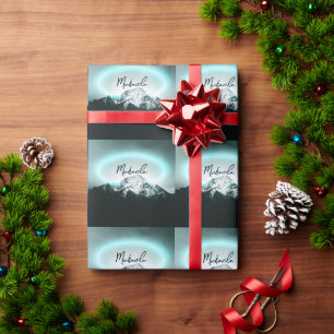 Papel De Regalo Monograma misterioso de neón azul de montaña nevad