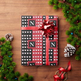 Papel De Regalo Monograma moderno de corazones blancos rojos negro