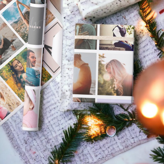Papel De Regalo Monograma moderno para tu familia 16 fotocollage (Modern monogram your family 16 photo collage grid wrapping paper)