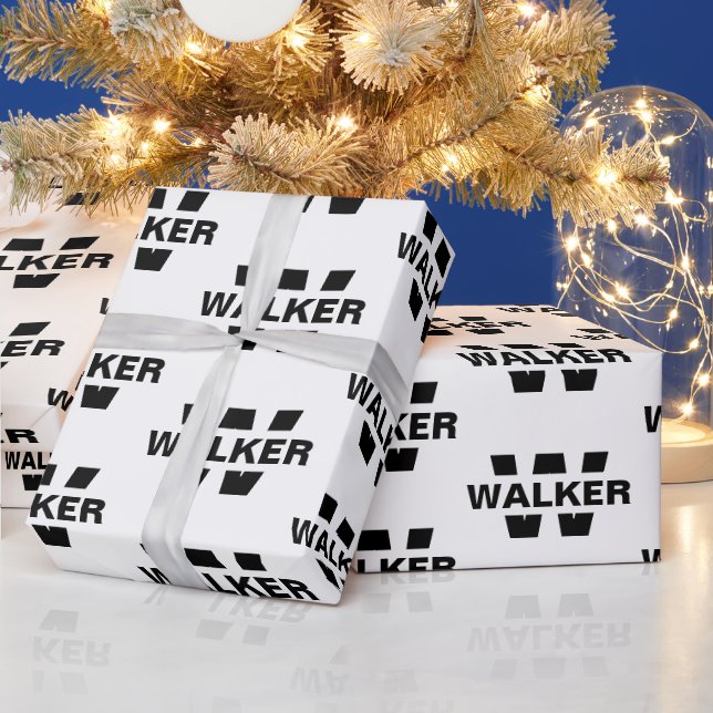 Papel De Regalo Monograma moderno Personalizado Nombre negro y bla (Vacaciones)