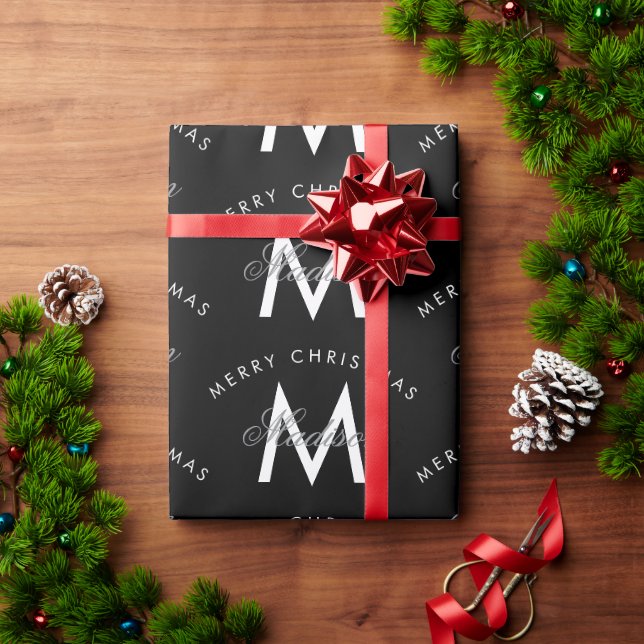 Papel De Regalo Monograma negro de Feliz Navidad Personalizado (Regalo de vacaciones)